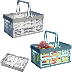 Pack of 2 Baskets, Foldable Folding Box, Small, Camping Folding Box Plastic with Handle, Shopping Basket, Foldable, Suitable for Storage at Home, for Snacks, Camping, in the Bathroom (Blue +