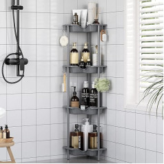 OriwarE Set of 4 Shower Shelves No Drilling Standing Plastic Metal Patchwork Floor Storage Shelf with 4 Hooks, Rust-Resistant Corner Shower Shelf, Grey