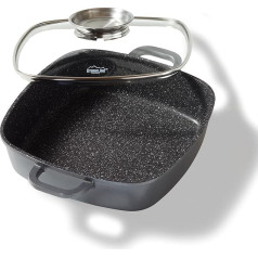 STONELINE Corner Pan, 28 x 28 cm, with Aroma Glass Lid, Induction, Aluminium, Non-Stick Coating with Real Stone Particles, Grey, Rectangular Frying Pan without Fat or Oil