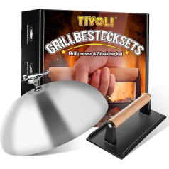 TIVOLI Burger Bell Burger Press Set, 23 cm Stainless Steel Burger Bell, 20.5 cm Meat Weight Made of Non-Stick Cast Iron, Two-Piece Burger Smasher Set for Outdoor Barbecue, Flat Top Teppanyaki