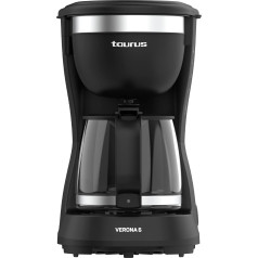 Taurus Verona 6 Coffee Machine, 600 W, 600 ml, Intense Flavour Tech, Heating Plate, Washable Permanent Filter, Drip Free Glass Jug, Compact Design in Matte Black, BPA-Free