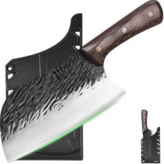 FULLHI Butcher Knife, Multicoloured Wooden Handle, Full Tang Chef's Knife with Sheath, High Carbon Steel Meat Cutting Kitchen Knife for Outdoor, Camping, BBQ (Brown, Serbian Chef's Knife)