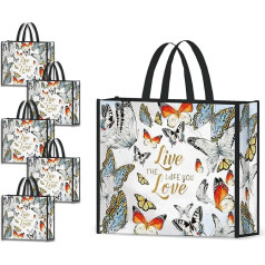 NymphFable Pack of 5 Shopping Bags, Reusable Colourful Butterflies Tote Bag, Large Tote Bag