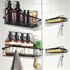 Shower Shelf No Drilling Bathroom Organiser, Black Stainless Steel Bathroom Shelf, Pack of 4, Self-Adhesive with Hooks, Shower Shelf Organiser, Shampoo Shower Gel Holder for Shower (2 Soap