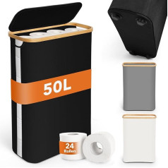 SOUTHGATE Large Toilet Paper Storage Box with Bamboo Lid, 50 L Toilet Paper Storage for 16-24 Toilet Roll, Visibility Toilet Roll Storage with Feet, Bathroom Organiser with Handle