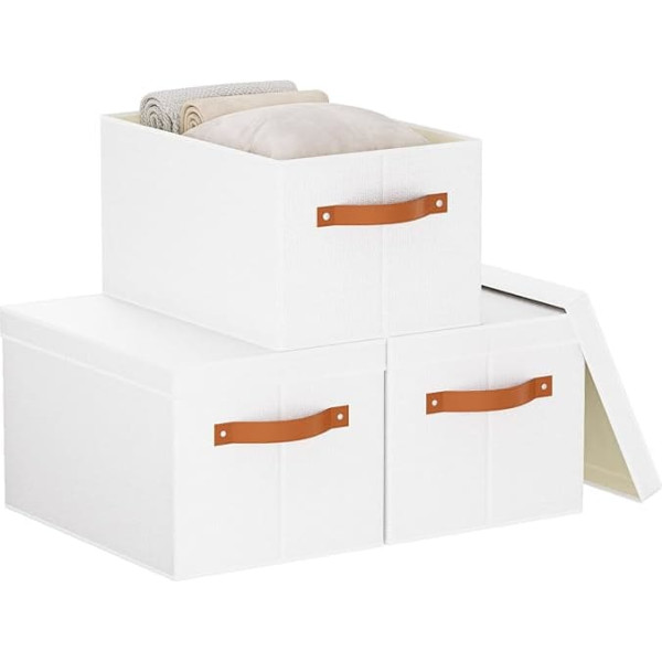 YheenLf Pack of 3 Storage Boxes 26 cm High White Fabric Box with Lid Storage Baskets with Handles Fabric Boxes Storage for Clothes 42 x 30 x 26 cm Books