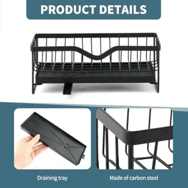 Kitchen Sink Organiser, Sink Organiser, Sponge Holder with Self-Draining Tray, Tea Towel Hanger, Dish Utensil Container, Soap and Sponge Holder for Kitchen, Black