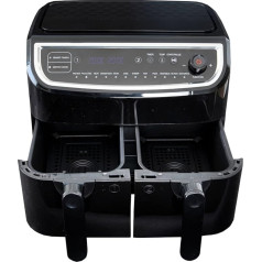 18290003 XXL Double Hot Air Fryer 9 L (2 x 4.5 L) Two Adjustable Fryer Baskets 2400 Watt LED Display 200° 11 Programs Preheating Function Hot Air Fryer Digital Fryer Black Silver