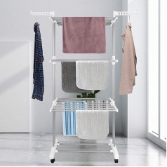 Clothes Airer Folding Standing Stainless Steel Large Space 3 Tier Clothes Airer for Home Garden Storage Indoor Outdoor (White-Grey)