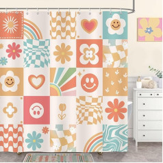 Bonhause Shower Curtain Retro Cute Flower Abstract Checked Pink Shower Curtains 180 x 180 cm Anti-Mould Waterproof Polyester Fabric Washable Bathroom Curtain for Bathroom with 12 Hooks
