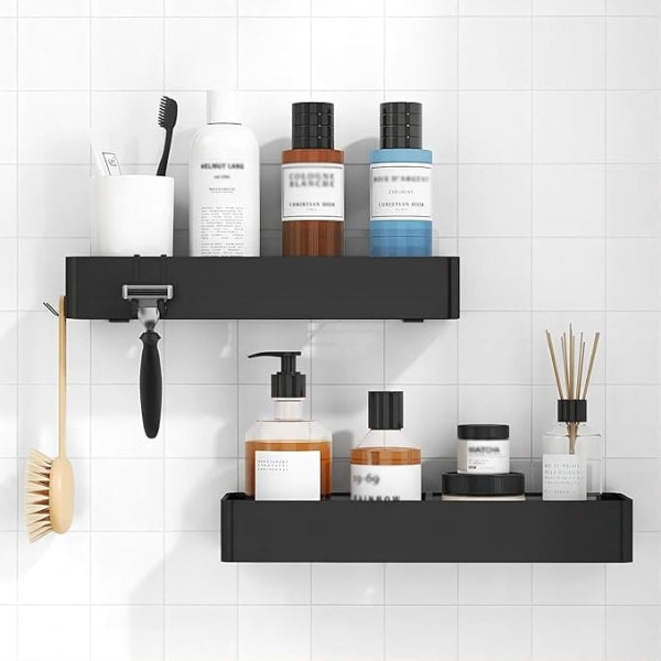 AONAT Shower Shelf No Drilling Required, Pack of 2 Rustproof Shower Shelf Organiser with Hooks, 38-40 cm Bathroom Shelf, Bathroom Shelf, Shampoo Holder for Shower, Kitchen, Bathroom (Black)