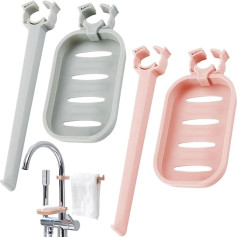 Towel and Soap Holder, Adjustable Shower Rail, Soap Dish, Shower Towel, Soap Holder for Bathroom, Kitchen, Blue and Pink, Pack of 4