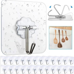 Pasun Pack of 30 Adhesive Hooks, Transparent Self-Adhesive Hooks, No Drilling, Stainless Steel Towel Hooks for Kitchen, Bathroom, Wall, Ceiling, Office Hanger, Max. 10