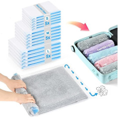 Vacuum Bags for Clothes Travel Pack of 15, Compression Bags Travel 5 Large (50 x 70 cm) + 5 Medium (40 x 60 cm) + 5 Small (35 x 50 cm), Travel Vacuum Bags for Rolling Suitcases, Vacuum