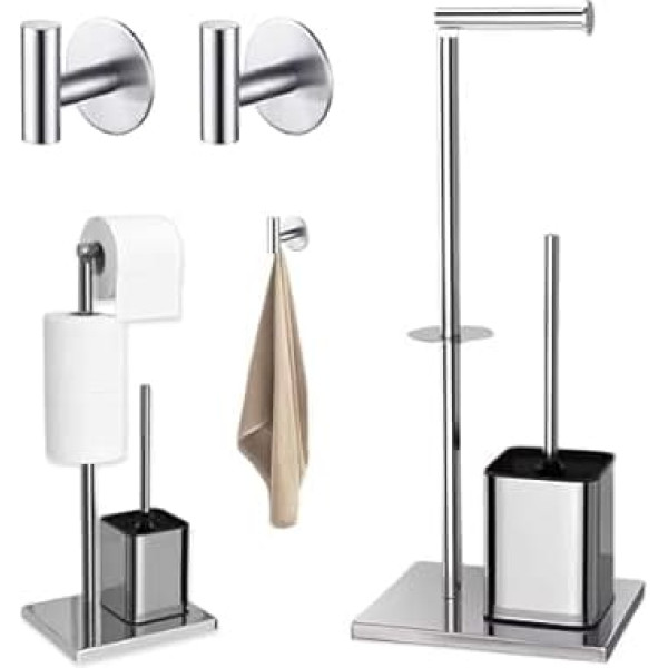 Toilet Roll Holder - Toilet Roll Holder with Toilet Brush + 2 Wall Hooks - Stainless Steel Toilet Paper Holder No Drilling for Bathroom (Silver)