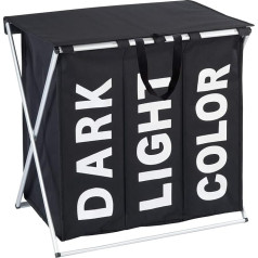 WENKO Trio Top Laundry Basket 3 Compartments with Lid and Carry Handles, 118 Litre Volume, W 57 x H 57 x D 38 cm, Black