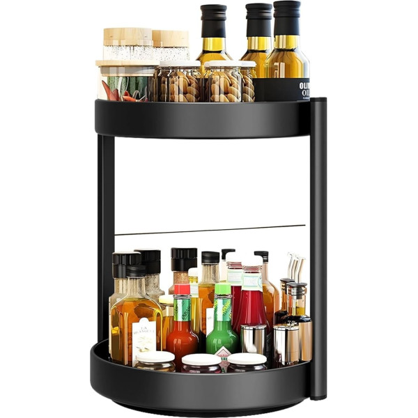 360° Rotating Spice Rack, Kitchen Organiser, Double Layer Spice Rack, Turntable, Spice Holder, Spice Rack, Carbon Steel, Standing Shelves for Worktop, Spice Jars (Black)
