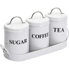 Set of 3 Metal Canisters with Metal Tray, Dry Food Storage Container for Tea, Coffee and Sugar, White