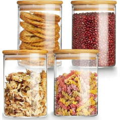 MEETOZ 750ml Set of 4 Jars with Bamboo Lids High Borosilicate Glass Transparent Airtight Food Containers Large Capacity Food Containers for Spices Coffee Beans Oatmeal
