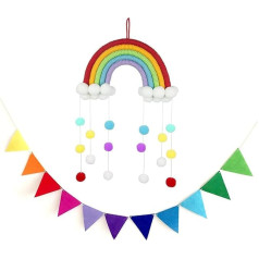 Macrame Rainbow with Pompoms Wall Hanging Decorations, Woven Rainbow Cloud Wall Ornaments with Bunting for Children's Room Wall Nursery Baby Room Decor