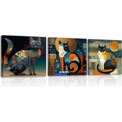 Piy Painting 3-Piece Abstract Cat Picture Canvas Pictures, Kitten Picture Set, Cat Wall Pictures, Wall Art, Canvas Painting for Bathroom, Playroom, as a Gift, with Built-in Frame, 30 x 30 cm