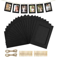 20 Black Paper Photo Frames Paper Picture Frame Wall Decoration DIY Cardboard Kraft Paper Picture Frame with 20 Wooden Clips and 2 Jute String Photo Display Holder Banner Set