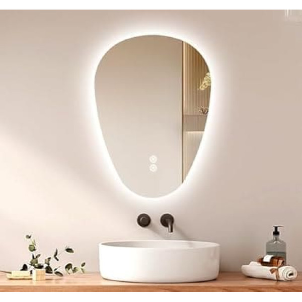 EMKE Asymmetric Mirror LED Bathroom Mirror with Lighting 70 x 50 cm Touch Switch 3 Light Colours Dimmable Anti-Fog Bathroom Mirror with Lighting IP44 Energy Saving