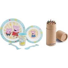 Peppa George Cartoon Character Tableware Set, 5 Pieces, Plate, Bowl, Cup and Cutlery, BPA Free, Microwave Safe, Includes 12 Piece Half Size Pencil Set (Peppa)