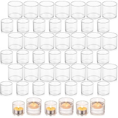 Glasseam Clear Tea Light Glasses, Small Candle Jars, Set of 48, Romantic Tea Light Holder for Wedding Table, Cylinder Decorative Tea Lights, Glass Candle Holder, Tea Light for Home, Halloween