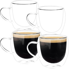 Double Wall Coffee Cup, 250ml, Clear Cappuccino Latte Glasses with Handle, Heat Insulation for Hot and Cold Drinks, Tea, Milk, Juice, Pack of 4