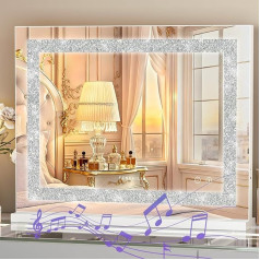 FENCHILIN Bluetooth Hollywood Vanity Mirror with Lights, 58 x 46 cm, Crushed Crystal, Cosmetic Mirror with Lights, Music Speaker, Dimmable LED Light Bar, 3 Color Modes, Makeup Mirror
