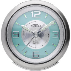 PRIM Steel Alarm Clock, Modern Alarm Clock, Metal and Plastic, Silver/Blue, LED Night Light, Analogue, Quartz Movement, Sweep, Loud Alarm, Snooze, Snooze Function, Bedside Table Decoration