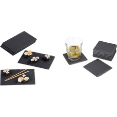 Relaxdays Slate Plates, Set of 6, 26 x 16 cm, for Serving & Labelling, Buffet, Serving Plate, Rectangular, Anthracite & Grey Drinks Coasters, Slate Set of 8, Square 10 x 10 cm