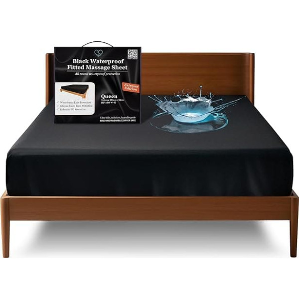 EROTICGEL Extreme Queen Black Fitted Massage, 183 cm x 203 cm + 35 cm, Waterproof Mattress Protector, Waterproof Mattress Cover for Massage, Suitable for Oil, Water Based, Silicone