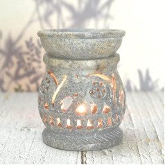 Oil Burner Aroma Diffuser, Soapstone Tea Light Holder, Hand Painted Elephant Hand Carved Jali Work, Soapstone, for Aromatherapy (Design 6) (Natural)