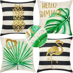 Set of 4 Outdoor Cushion Covers, Waterproof Decorative Cushion Covers, 45 x 45 cm, Outdoor Cushion, Summer Decorative Cushion Covers, Black Stripes, Gold, Tropical Cushion Covers