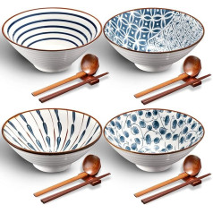 Ceramic Ramen Bowl Set of 4 Japanese Large Ramen Bowls with Chopsticks and Spoons and Shelves Ceramic Ramen Asian Soup Bowl Salad Pasta