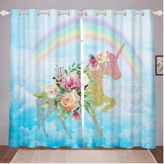 Kids Girls Window Curtains Unicorn Curtains Set Cute Unicorn Rainbow Print Curtain for Teenage Toddlers Floral Glitter Blue Room Decoration Unicorn Window Treatments Curtains W46xL72