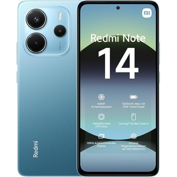 Xiaomi Redmi Note 14 Smartphone, 8 + 256 GB, Blue, 108 MP AI Camera System, 5500 mAh Battery, 120 Hz Eye Protection Display, AI Functions (Charger Not Included)