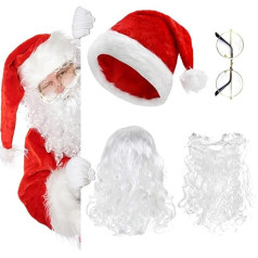 REFORUNG 4 in 1 Santa Claus Beard + Wig Santa + Santa Hat + Glasses, Santa Beard White Wig Santa Claus Wig and Beard Set Adult Santa Costume