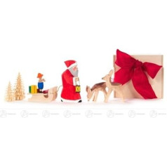 Carved Santa Claus with Sleigh and Deer, in Gift Box, Height Approx. 6.5 cm, Erzgebirge Christmas Figurine, Wooden Figure