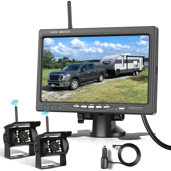 Podofo Wireless Reversing Camera Kit DC 12V-24V Waterproof Plug 7 Inch Video Reversing Screen Vehicle Monitor Parking Assist Rearview Camera IR Night Vision for Bus Truck Caravan