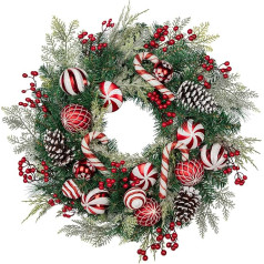 61 cm Christmas Wreath Artificial Wreath with Decorative Christmas Baubles, Candy Cane, Pine Cones, Christmas Decoration, Door Wreath for Festivals Advent, House Wall Hanging or Christmas Decoration