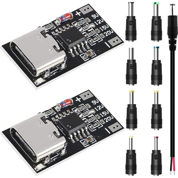 Pack of 2 USB-C PD Trigger Module PD/QC2.0 3.0 QC4+ Decoy Board Quick Charge 9V 12V 15V 20V 5A Boost Power Module Voltage Fixed Output with DC Connection Kits DC Plug Cable