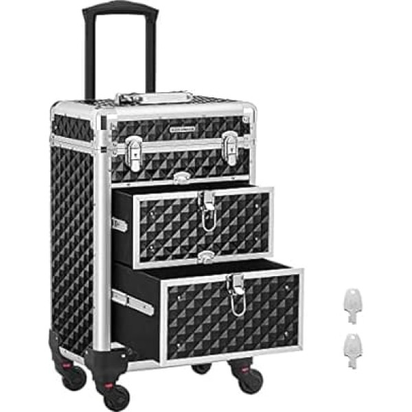 Songmics Make-Up Trolley, Cosmetic Case, Make-up case, Hairdresser’s Case, with 4 Removable, Universal Wheels, Top with 3 levels, Drawers with Slide Rails, Professional, for Travel Black