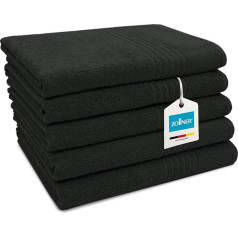 ZOLLNER Set of 5 Bath Towels 70 x 140 cm – Absorbent Towels in Black – with Practical Hanger – with Elegant Striped Border – Washable up to 60 °C – Cotton – Hotel Quality