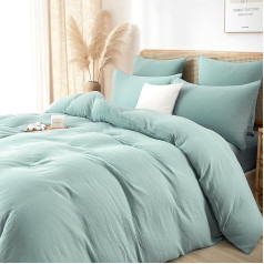 Muslin Bed Linen 135 x 200 cm Cotton Mint Green Renforce Plain Summer Cooling Bed Linen Set Soft Duvet Cover Crinkle Look Non-Iron with Zip and Pillowcase 80 x 80 cm