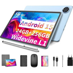 Android 15 Tablet 11 Inch 2-in-1 with Keyboard 24GB RAM + 256GB ROM (1TB Expandable) Octa-Core, 8000mAh, Dual-Band WiFi 13MP + 5MP Dual Camera Includes Keyboard Case, Mouse & Pen (Silver)