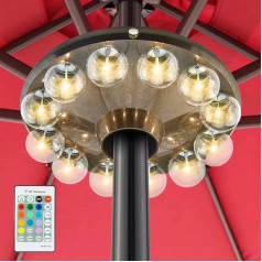 HONWELL Parasol Lighting, RF Remote Control Lighting Parasol with 12 Colours, Battery Operated Parasol Lighting with 5 Lighting Levels, Timer Camping Lighting for Table Umbrella