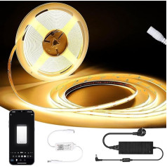 Smart COB LED Strip 10 m, with Controller, App Control (WiFi), LED Strip Warm White, DC24V, 384LEDs/M, 8 mm Wide, 70 lm/W ± 10%, Alexa LED Strip for Bedroom, Kitchen, Mirror, Home Decoration